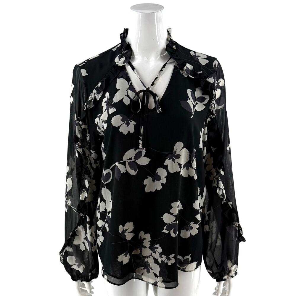 Calvin Klein Womens Top Size Large Black Gray Floral Ruffle Tie Neck Blouse